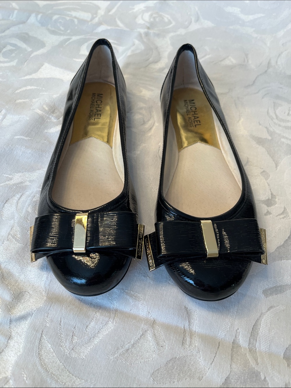 Michael Kors Black Patent Bow Ballet Flats with Gold Trim